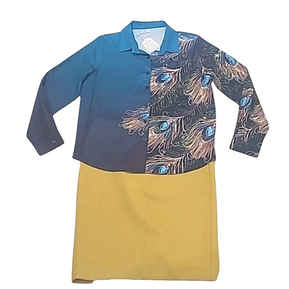 Emery Rose Blouse Peacock Feather Blue Ombre Print Button Up Shirt Collared Top